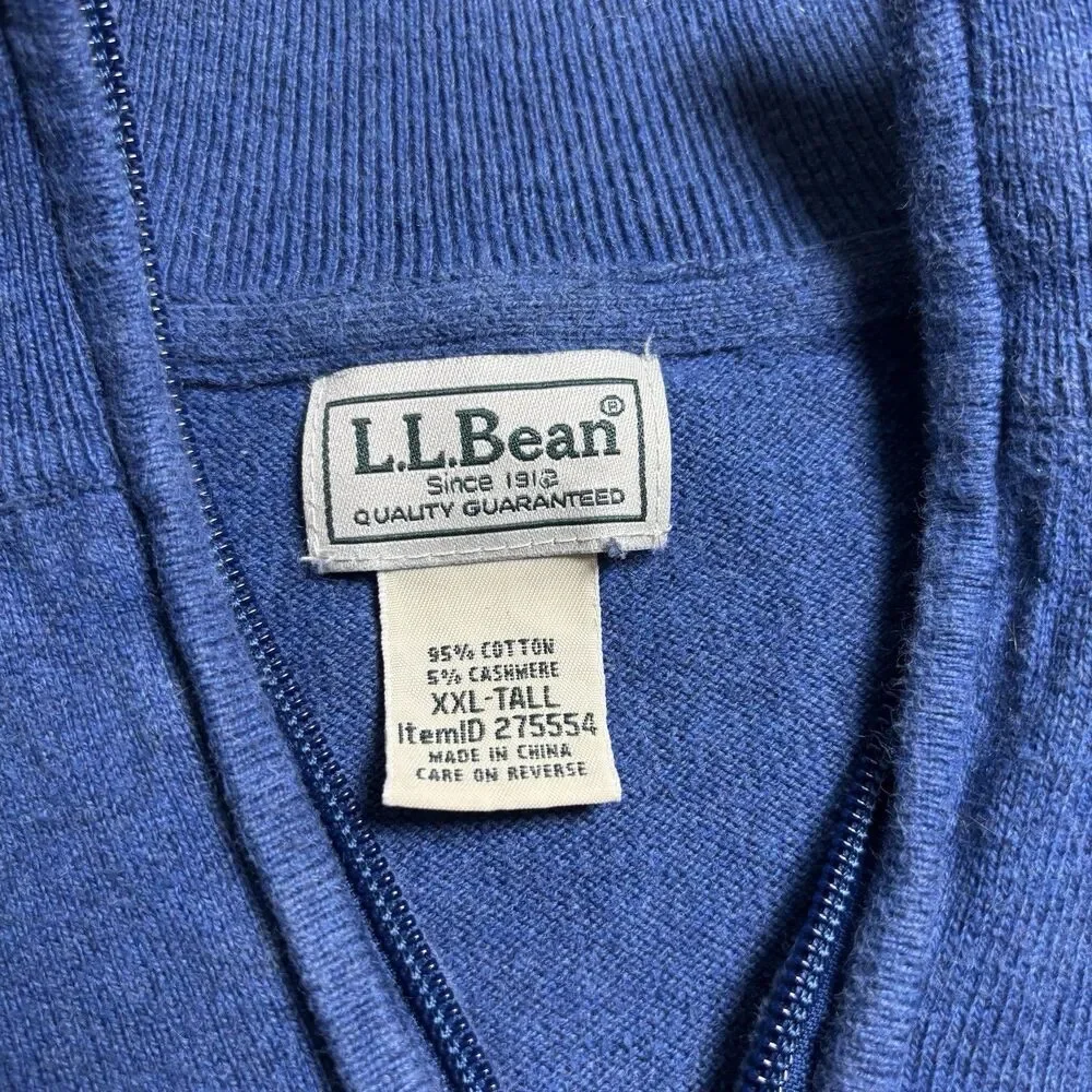 LL Bean Sweater 1/4 quarter Zip Cotton‎ Cashmere Pullover Men's XXLT Tall Blue